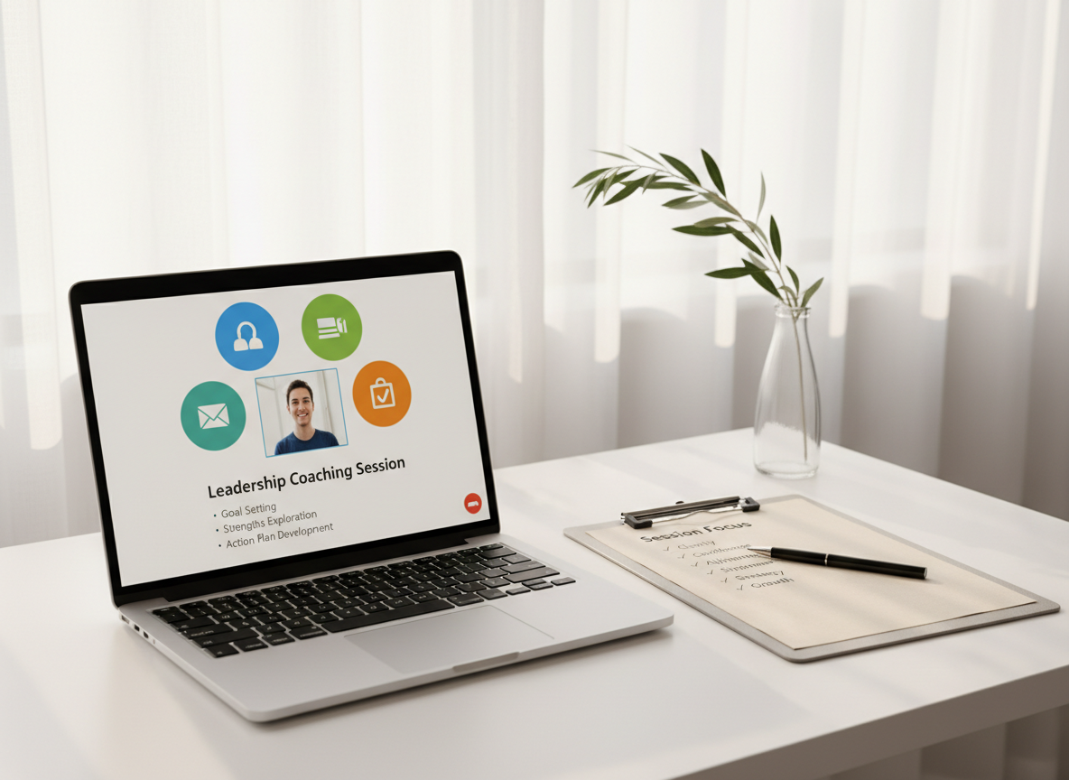 An elegant, open laptop on a clean white desk displaying a simple video call interface with color-coded icons and a clear agenda slide titled “Leadership Coaching Session.” Beside it, a structured checklist on crisp paper is clipped to a slim metal clipboard, with key points like “clarity,” “confidence,” and “alignment” neatly typed. A minimalist glass vase with a single green branch adds a touch of life in the background. Soft afternoon light streams through sheer curtains, casting a diffused glow across the scene. Photographic realism with a bright, airy, professional mood, shot from a slightly elevated angle with balanced composition, emphasizing organization, calm, and readiness for a productive, supportive coaching conversation.