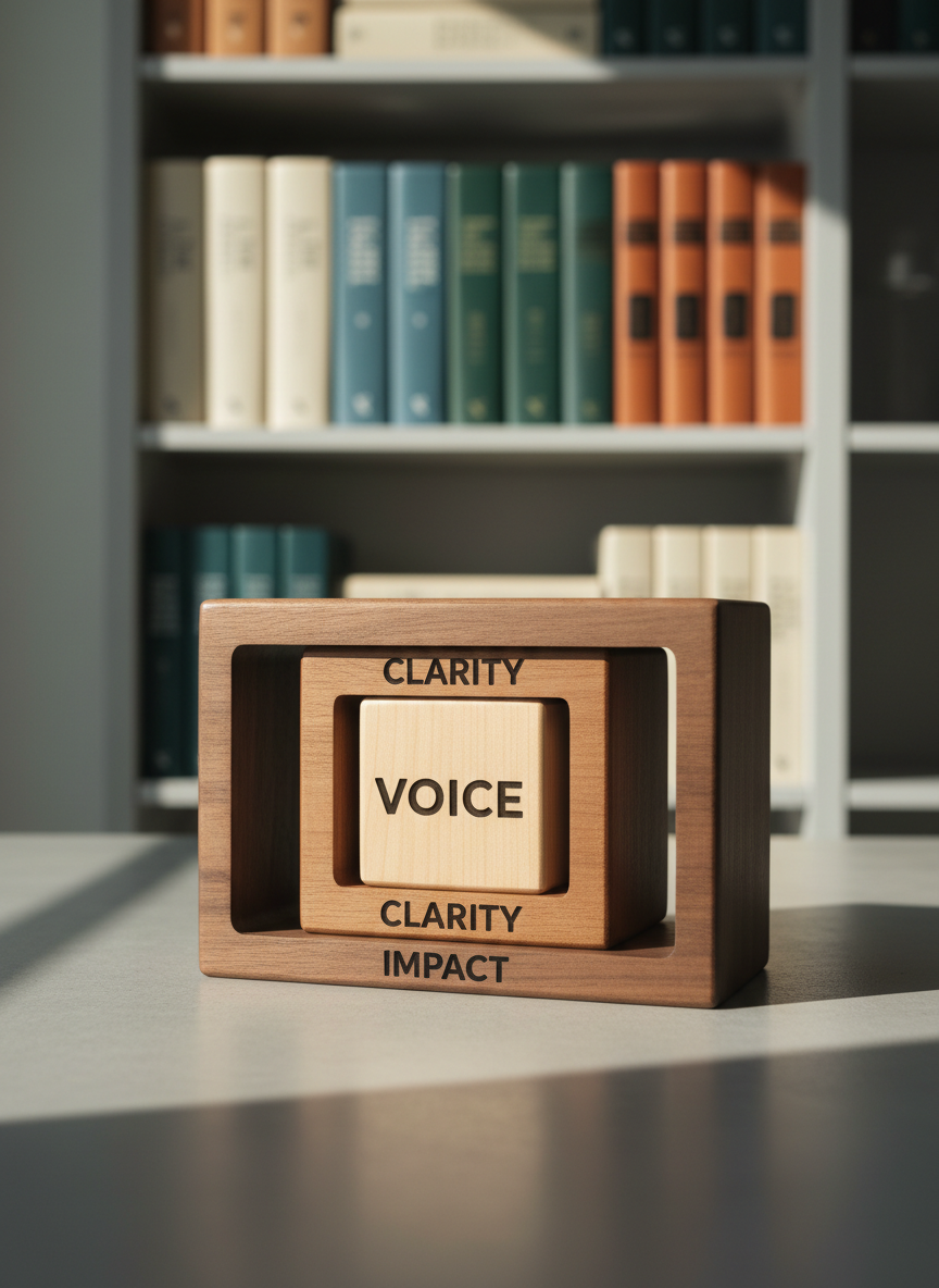 A carefully arranged set of three nested wooden blocks on a smooth, neutral-toned tabletop, each block engraved with a single word: the smallest reads “Voice,” the middle “Clarity,” and the largest “Impact.” Behind them, a blurred bookshelf holds well-organized leadership and communication books in muted, sophisticated colors. Gentle late-afternoon natural light from a side window creates soft, directional illumination, highlighting the engraved words and adding subtle shadows that suggest depth and growth. Photographic realism with a minimalist, symbolic composition, shot at a low, slightly forward angle so the blocks feel substantial and aspirational. The mood is reflective and empowering, subtly conveying the progression from personal expression to confident, influential leadership communication.