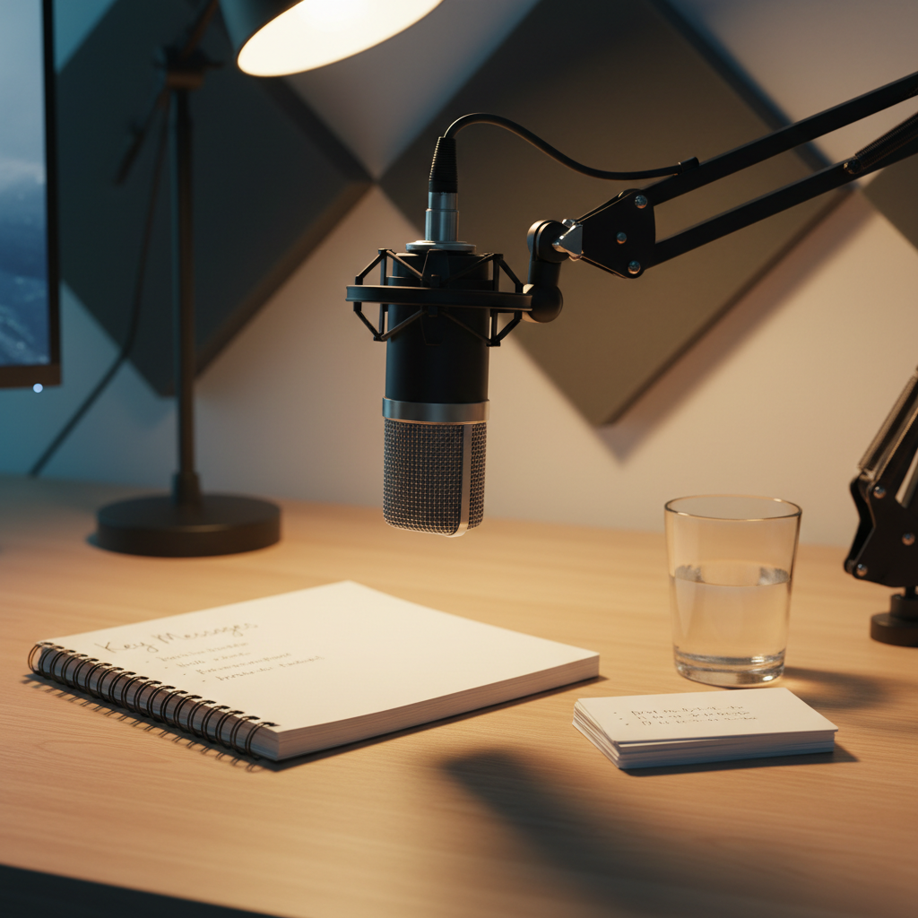 A close-up of a high-quality studio microphone with a fine metal mesh grille and matte black body, positioned on a sturdy boom arm above an open notebook labeled “Key Messages” in tidy handwriting. Around it, neatly stacked index cards with bullet points and a glass of water rest on a smooth wooden desk. The workspace sits in a quiet recording nook with acoustic foam panels in muted tones creating a textured backdrop. Warm, directional desk lamp light and subtle ambient glow from a computer monitor create soft highlights on the microphone and gentle shadows on the desk. Photographic realism, shallow depth of field, intimate framing, conveying focused preparation for confident, clear spoken communication.