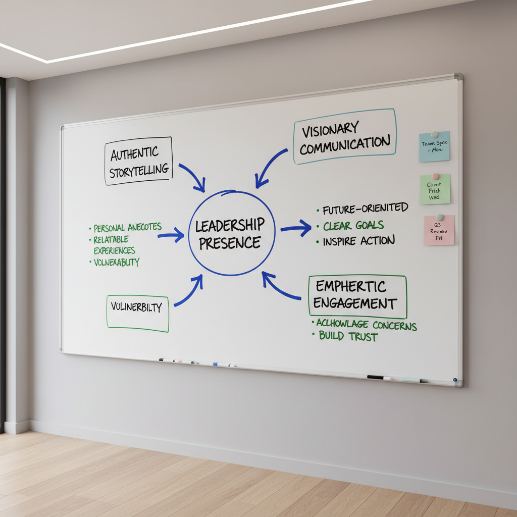A large, wall-mounted whiteboard filled with a clear, organized communication strategy: neatly written key phrases, arrows connecting simple concepts, and a central circle labeled “Leadership Presence.” Magnetic pastel-colored markers and small circular magnets hold a few clean index cards at the edges. The whiteboard is in a quiet, minimalist meeting room with pale gray walls and a light oak floor. Soft overhead LED lighting and diffused daylight from an unseen window create even, shadow-free illumination. Photographic realism, shot from a slightly angled perspective using the rule of thirds, emphasizing structure and clarity. The mood is professional, methodical, and encouraging of thoughtful planning and confident decision-making.
