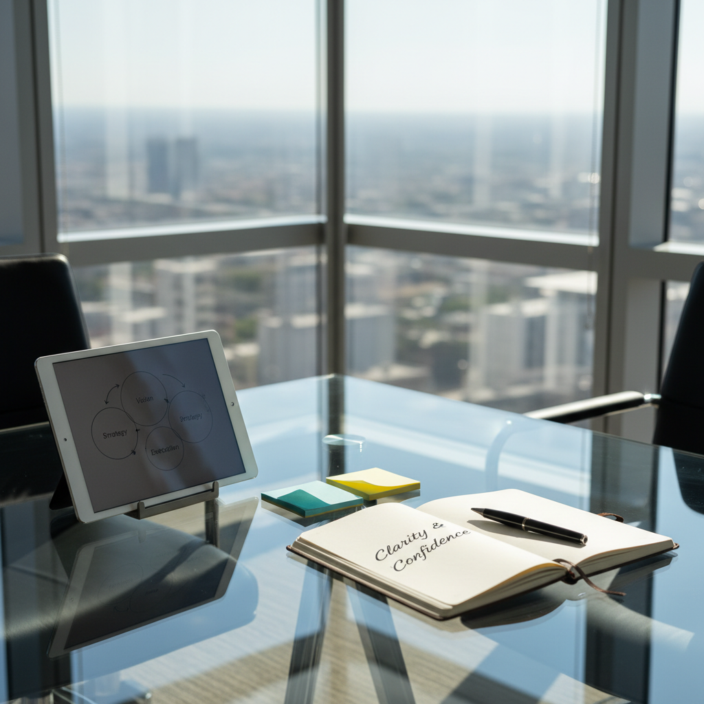 A sleek glass conference table covered with neatly arranged coaching materials: a leather-bound notebook open to a page titled “Clarity & Confidence,” a fine-point pen, color-coded sticky notes, and a tablet displaying a simple leadership framework diagram. The table sits in a modern corner office with floor-to-ceiling windows overlooking a softly blurred cityscape. Late morning natural light floods the room, creating crisp reflections on the glass surface and gentle, elongated shadows. Photographic realism with a clean, modern aesthetic, shot at eye level with a shallow depth of field that keeps the materials in sharp focus while the background remains softly out of focus, conveying a calm, professional, and focused atmosphere.